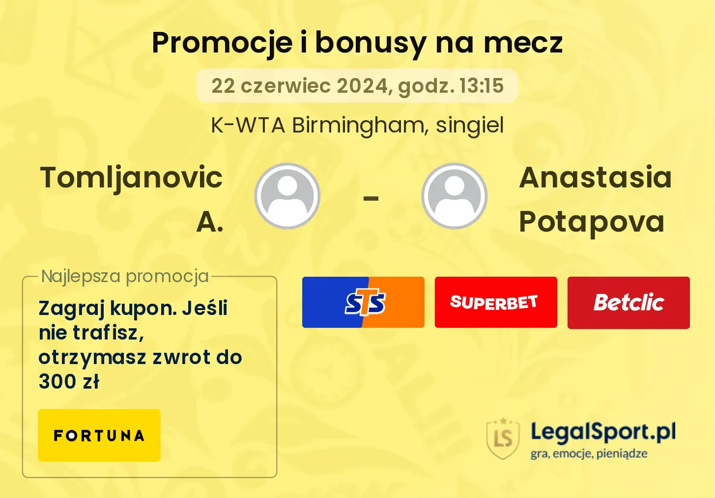 Tomljanovic A. - Anastasia Potapova promocje bonusy na mecz