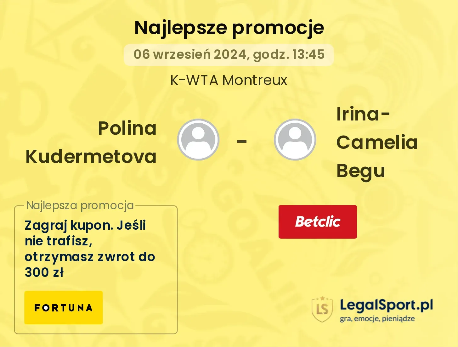 Polina Kudermetova - Irina-Camelia Begu promocje bonusy na mecz