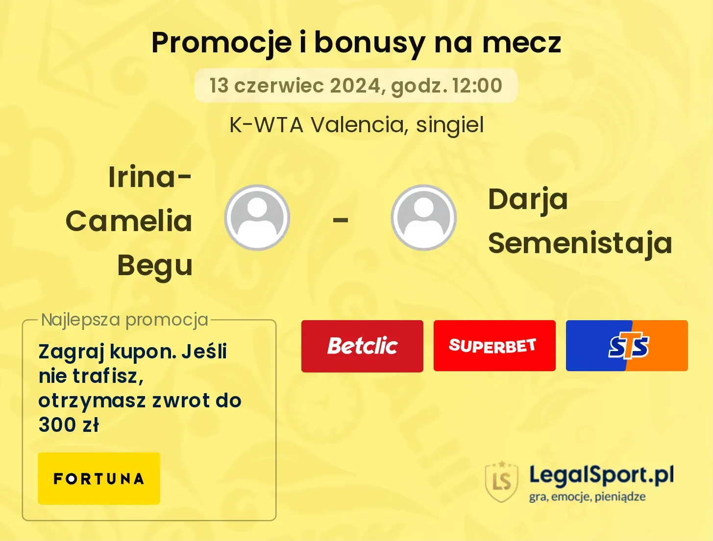 Irina-Camelia Begu - Darja Semenistaja promocje bonusy na mecz