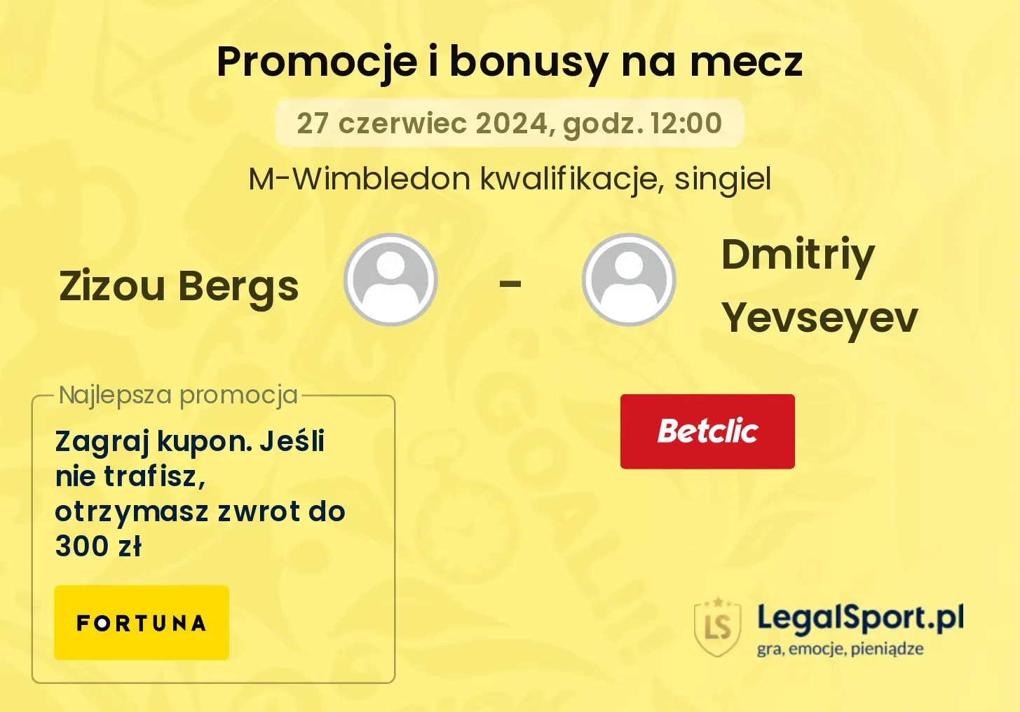 Zizou Bergs - Dmitriy Yevseyev promocje bonusy na mecz