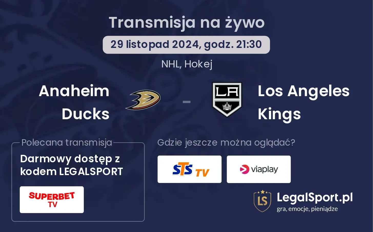 Anaheim Ducks - Los Angeles Kings transmisja na żywo