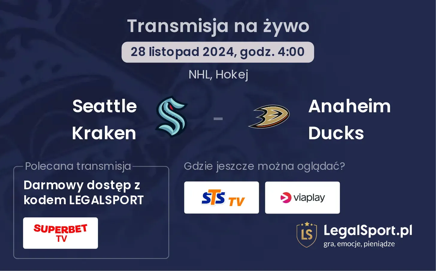 Anaheim Ducks - Seattle Kraken transmisja na żywo