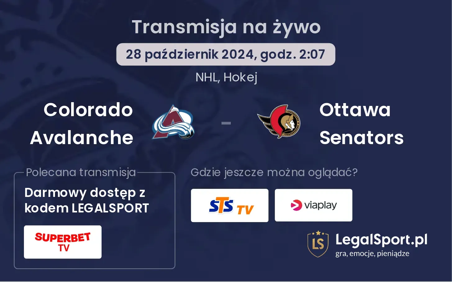 Colorado Avalanche - Ottawa Senators transmisja na żywo