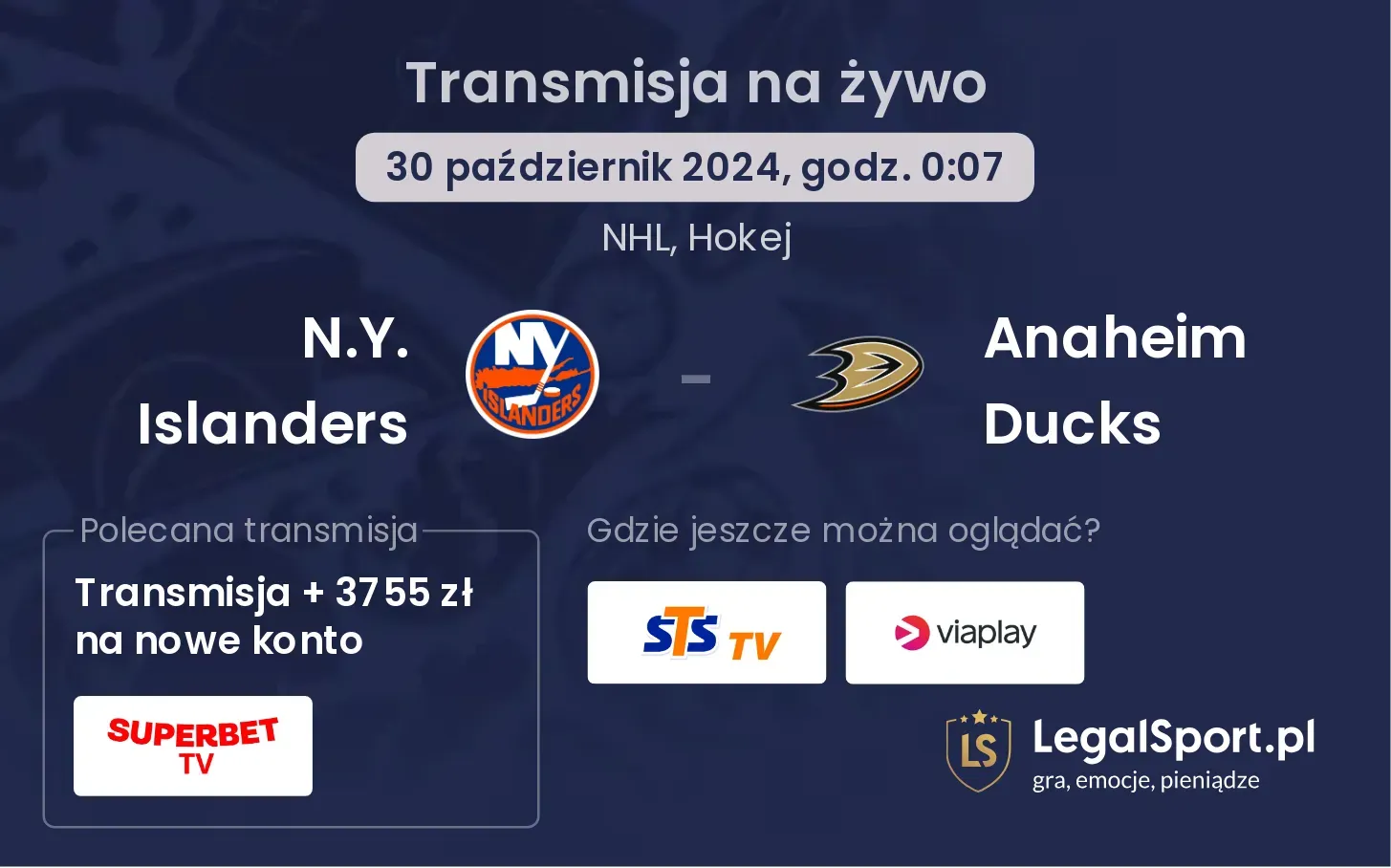 N.Y. Islanders - Anaheim Ducks transmisja na żywo