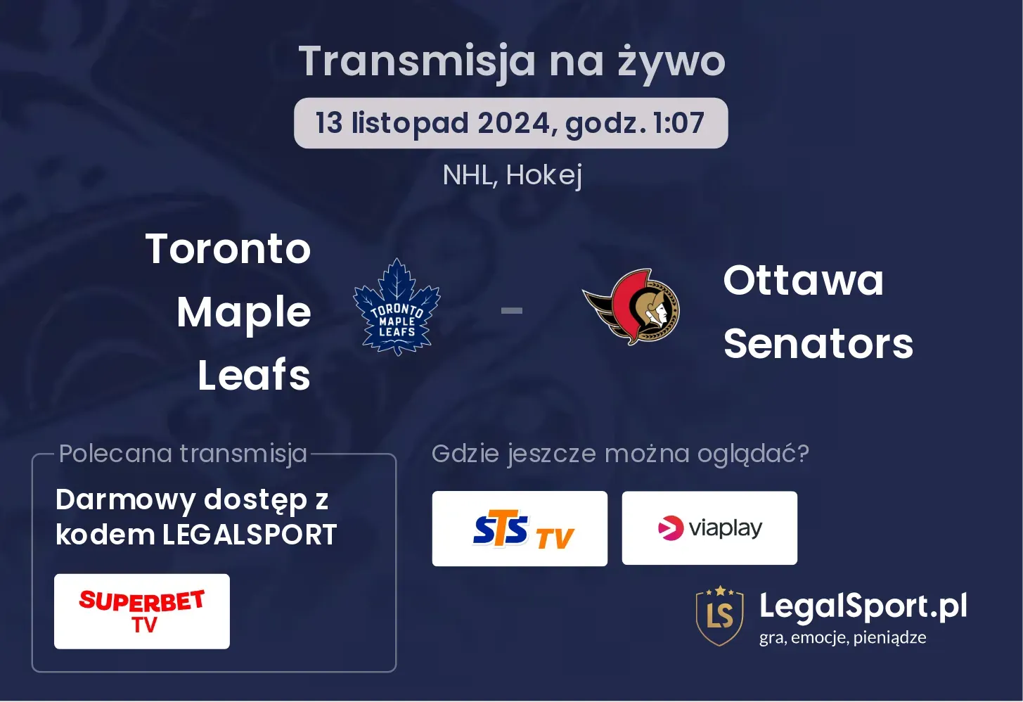 Toronto Maple Leafs - Ottawa Senators transmisja na żywo