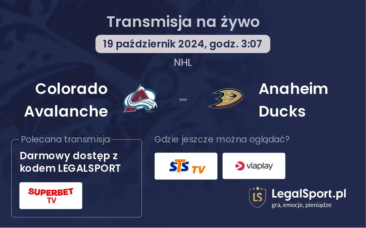 Colorado Avalanche - Anaheim Ducks transmisja na żywo