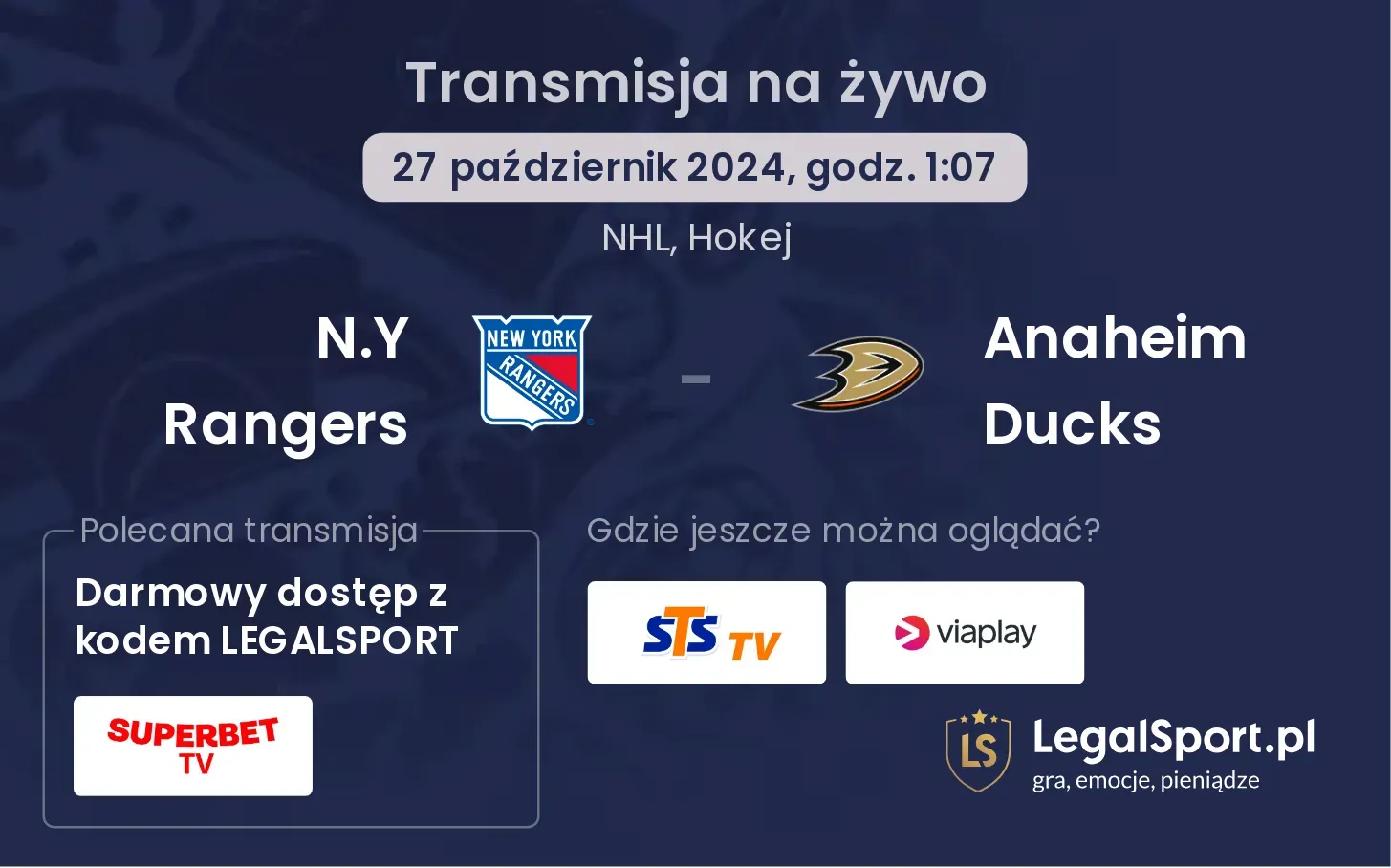 N.Y Rangers - Anaheim Ducks transmisja na żywo