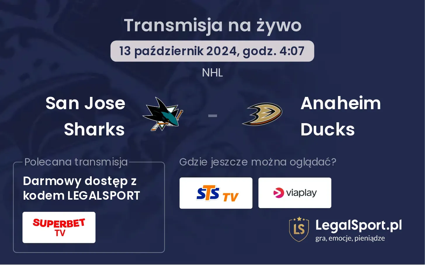 San Jose Sharks - Anaheim Ducks transmisja na żywo