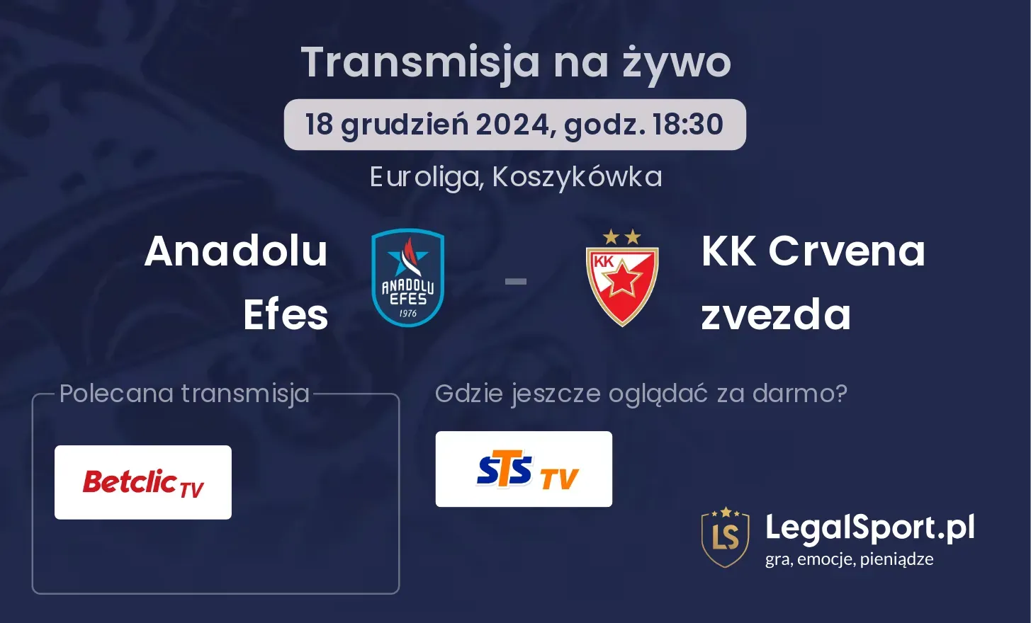 Anadolu Efes - KK Crvena zvezda transmisja na żywo