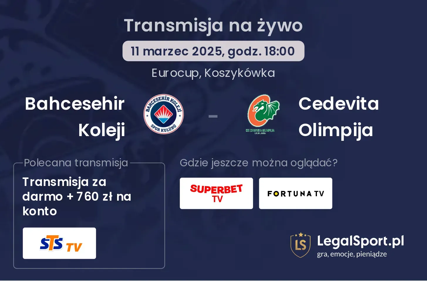 Bahcesehir Koleji - Cedevita Olimpija transmisja na żywo