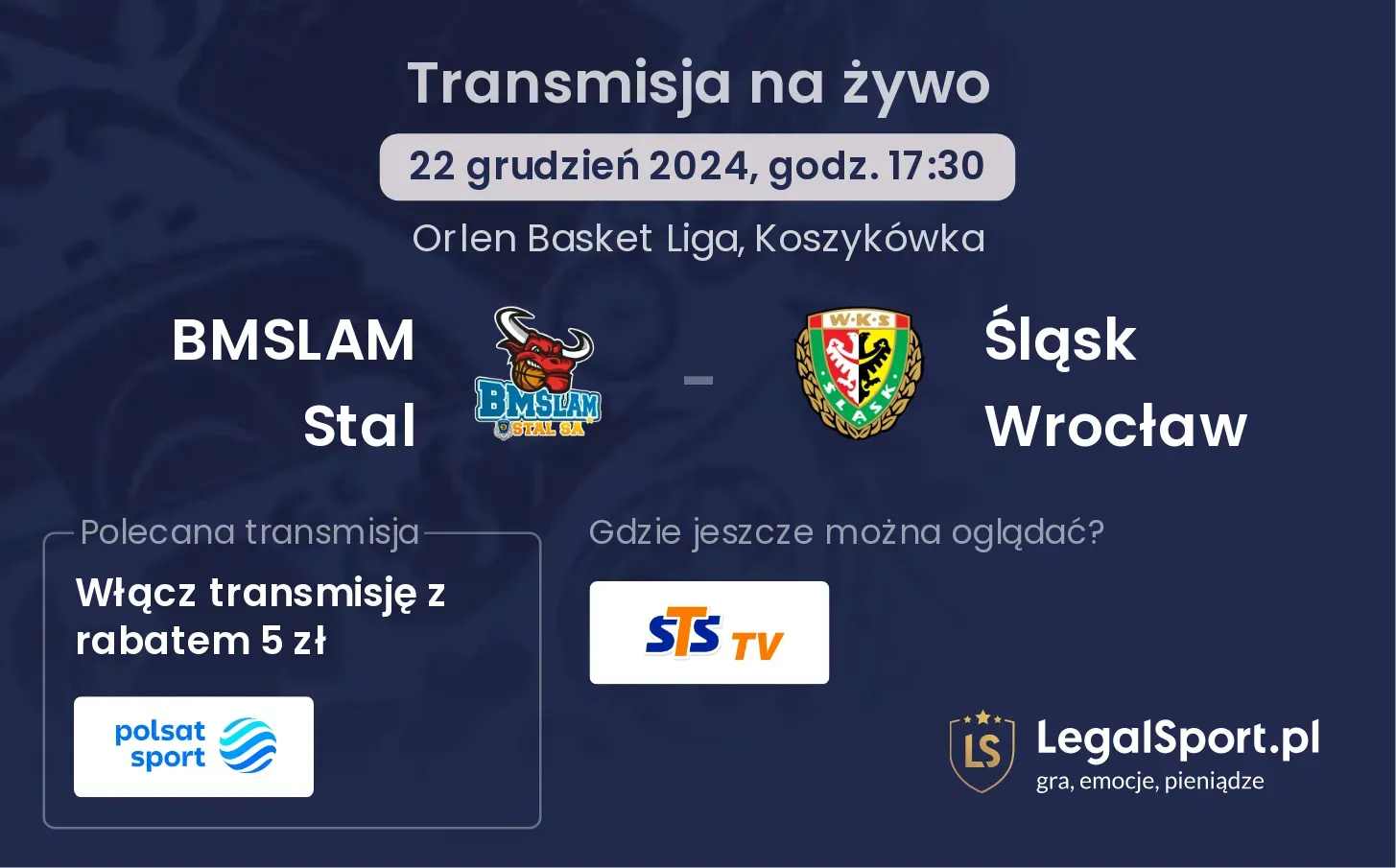 BMSLAM Stal - Śląsk Wrocław transmisja na żywo