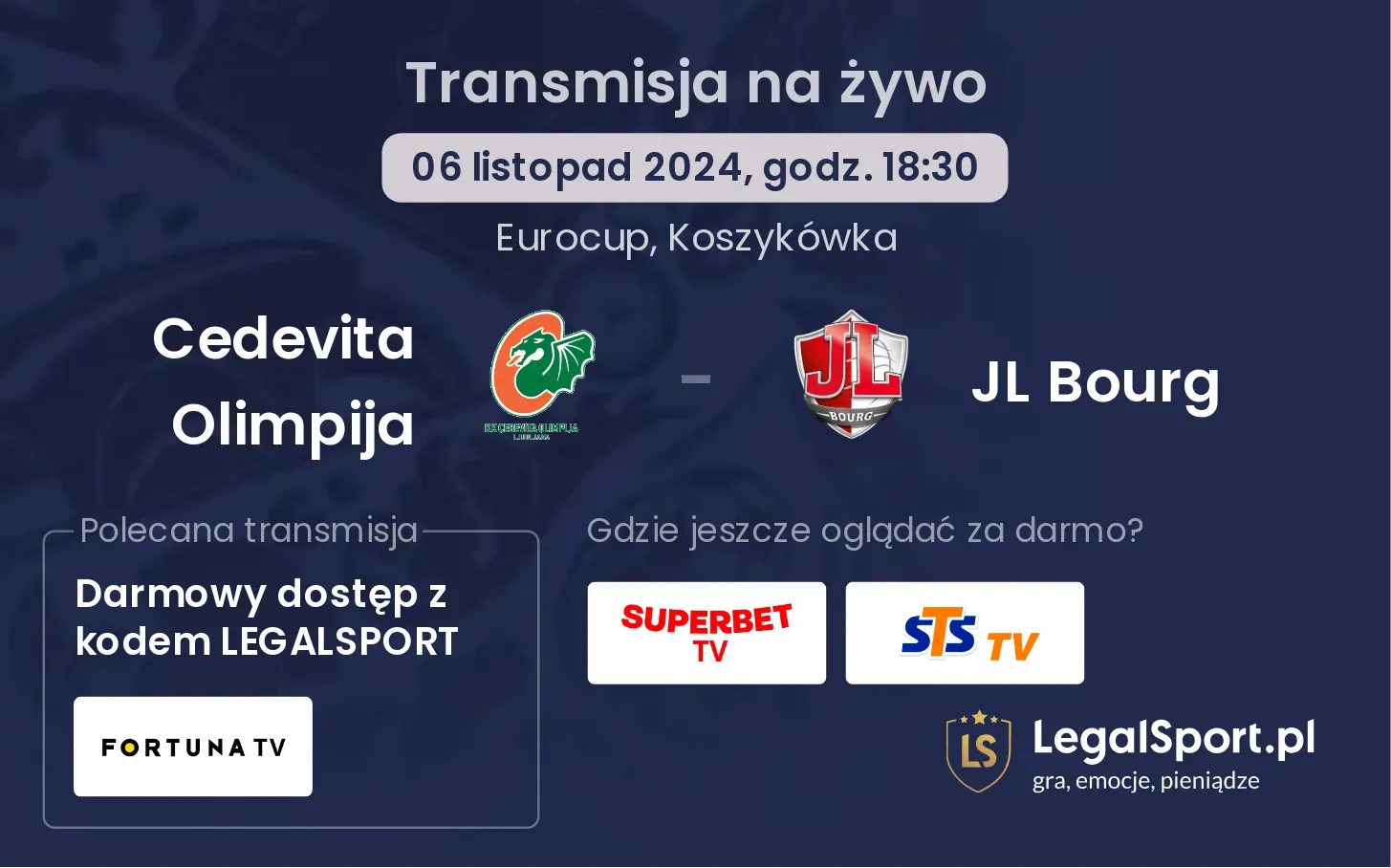 Cedevita Olimpija - JL Bourg transmisja na żywo