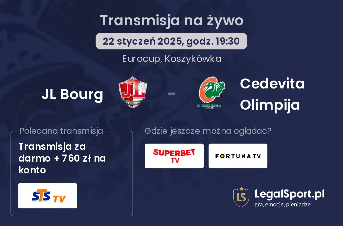 JL Bourg - Cedevita Olimpija gdzie oglądać transmisję?