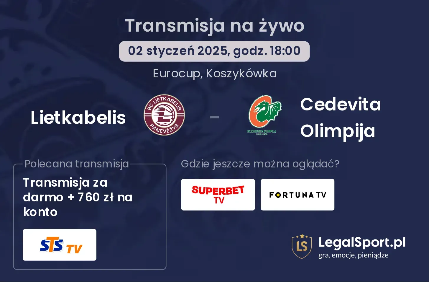 Cedevita Olimpija - Lietkabelis transmisja na żywo