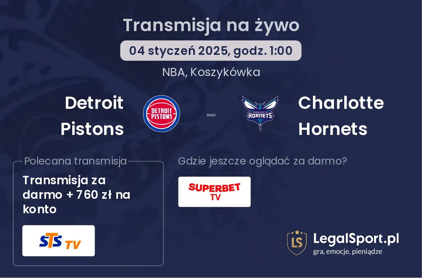 Detroit Pistons - Charlotte Hornets gdzie oglądać transmisję?