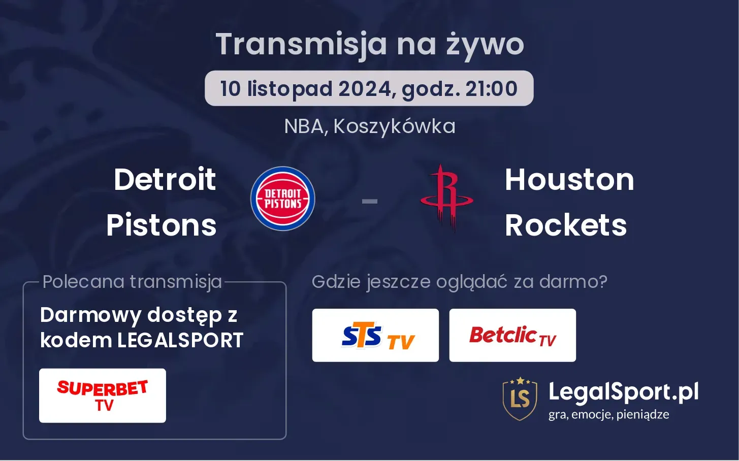 Detroit Pistons - Houston Rockets transmisja na żywo