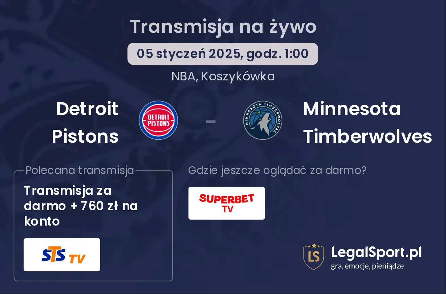 Detroit Pistons - Minnesota Timberwolves gdzie oglądać transmisję?