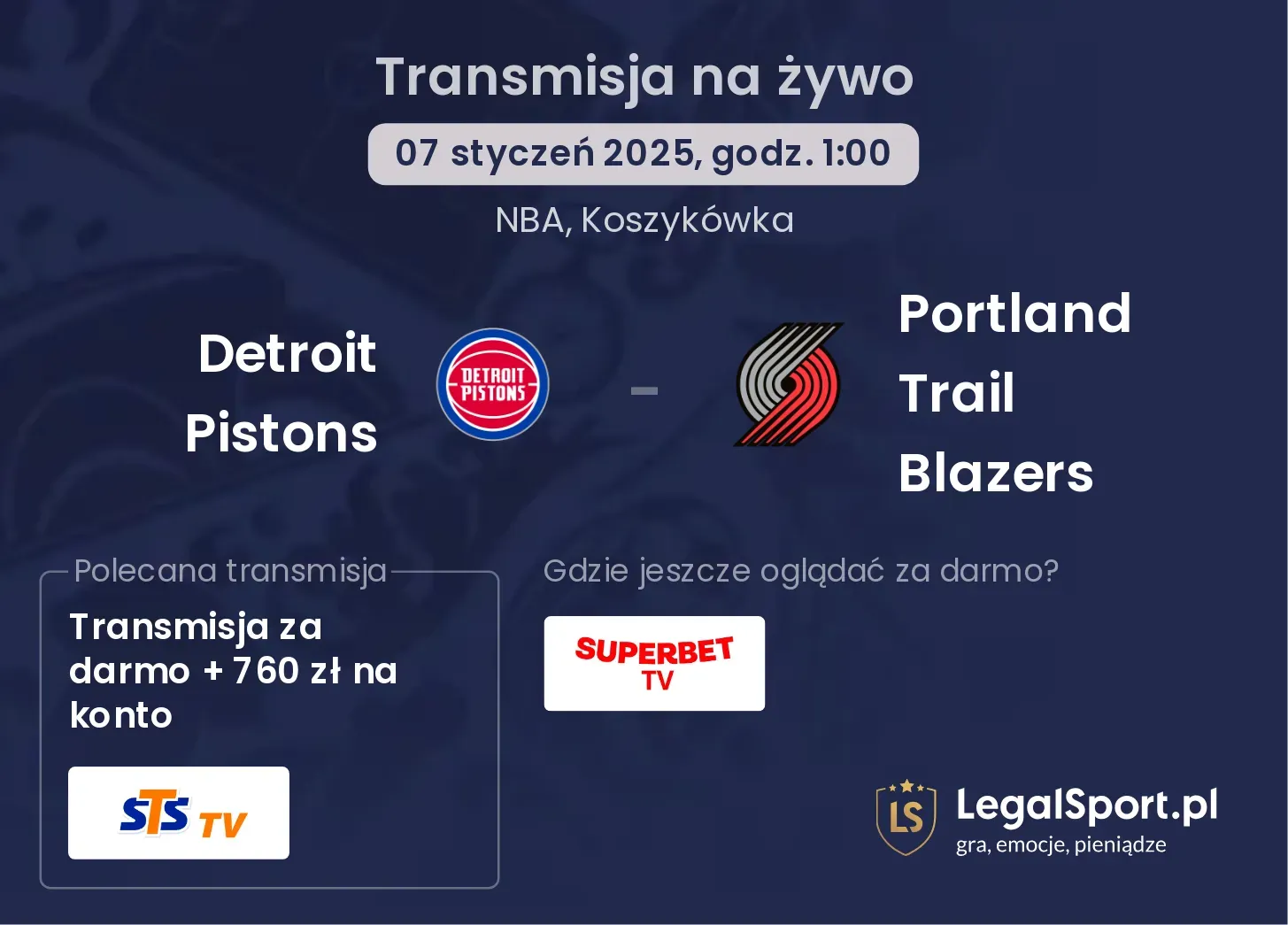 Detroit Pistons - Portland Trail Blazers transmisja na żywo