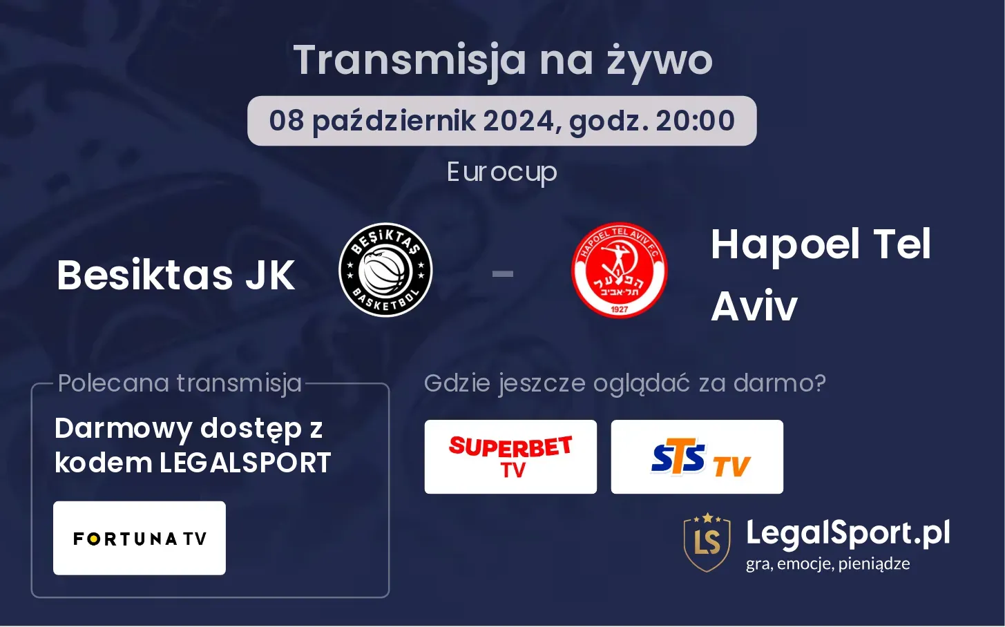 Besiktas JK - Hapoel Tel Aviv transmisja na żywo