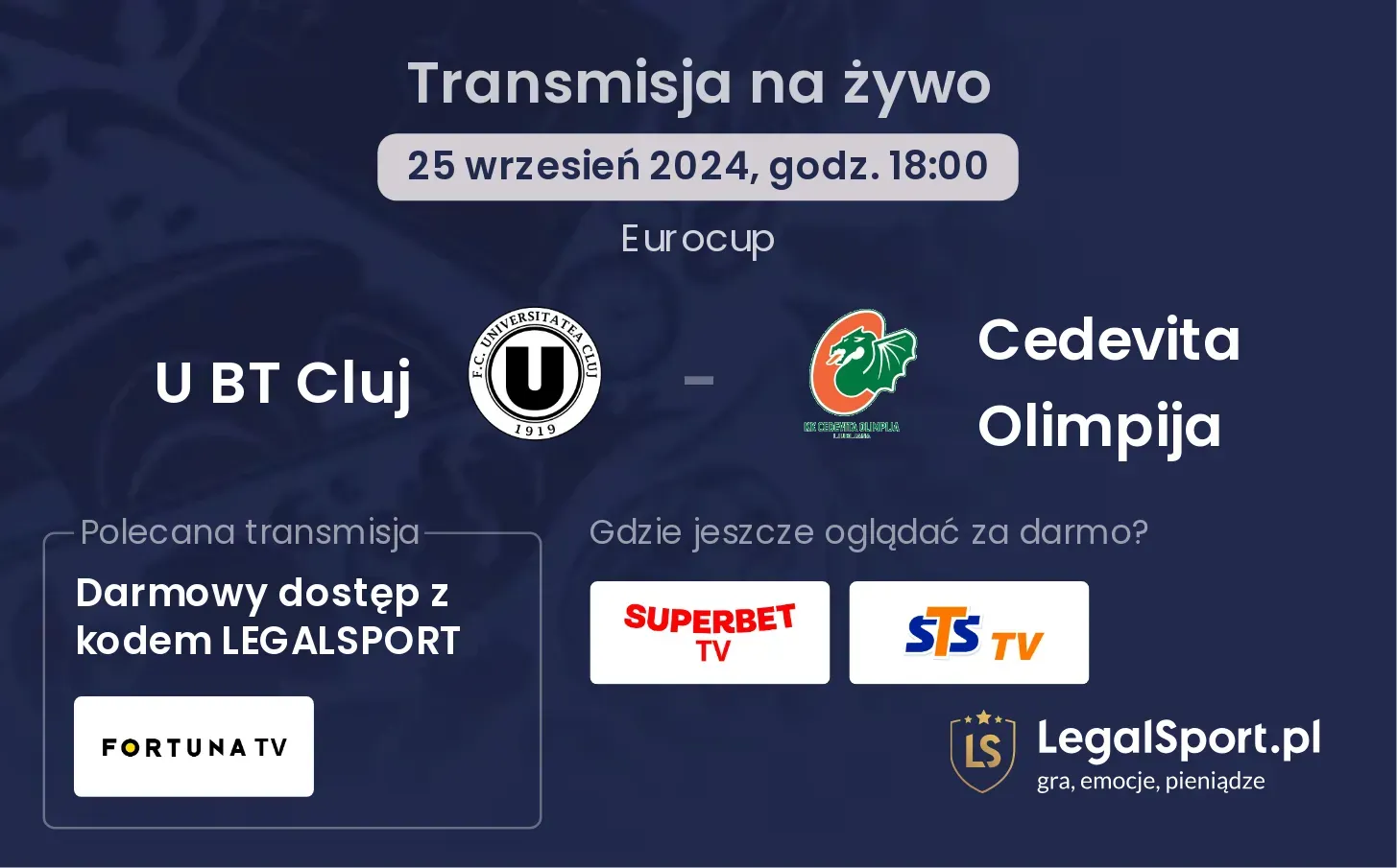 U BT Cluj - Cedevita Olimpija transmisja na żywo