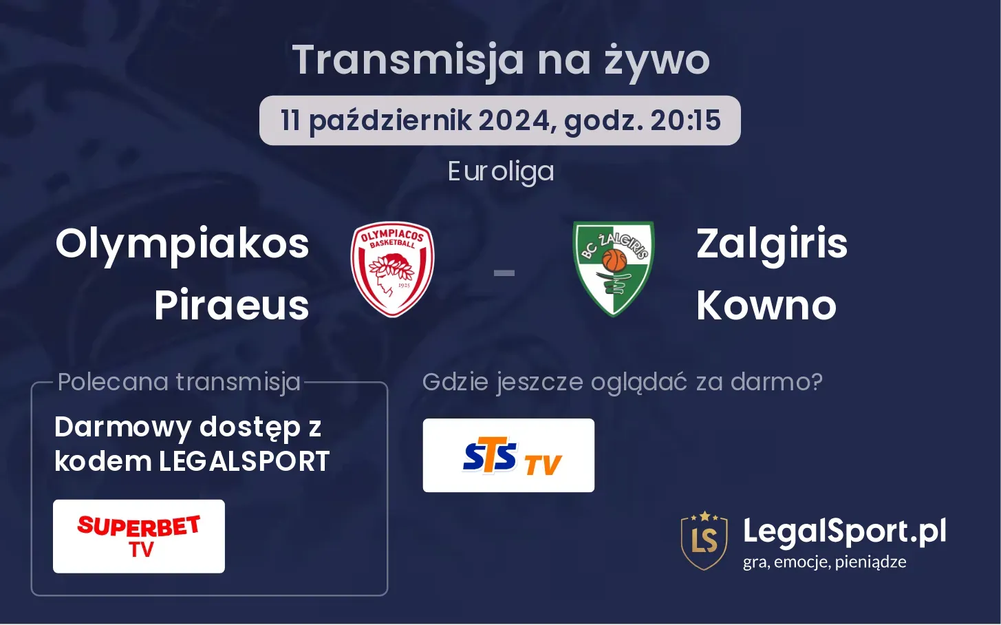 Olympiakos Piraeus - Zalgiris Kowno transmisja na żywo