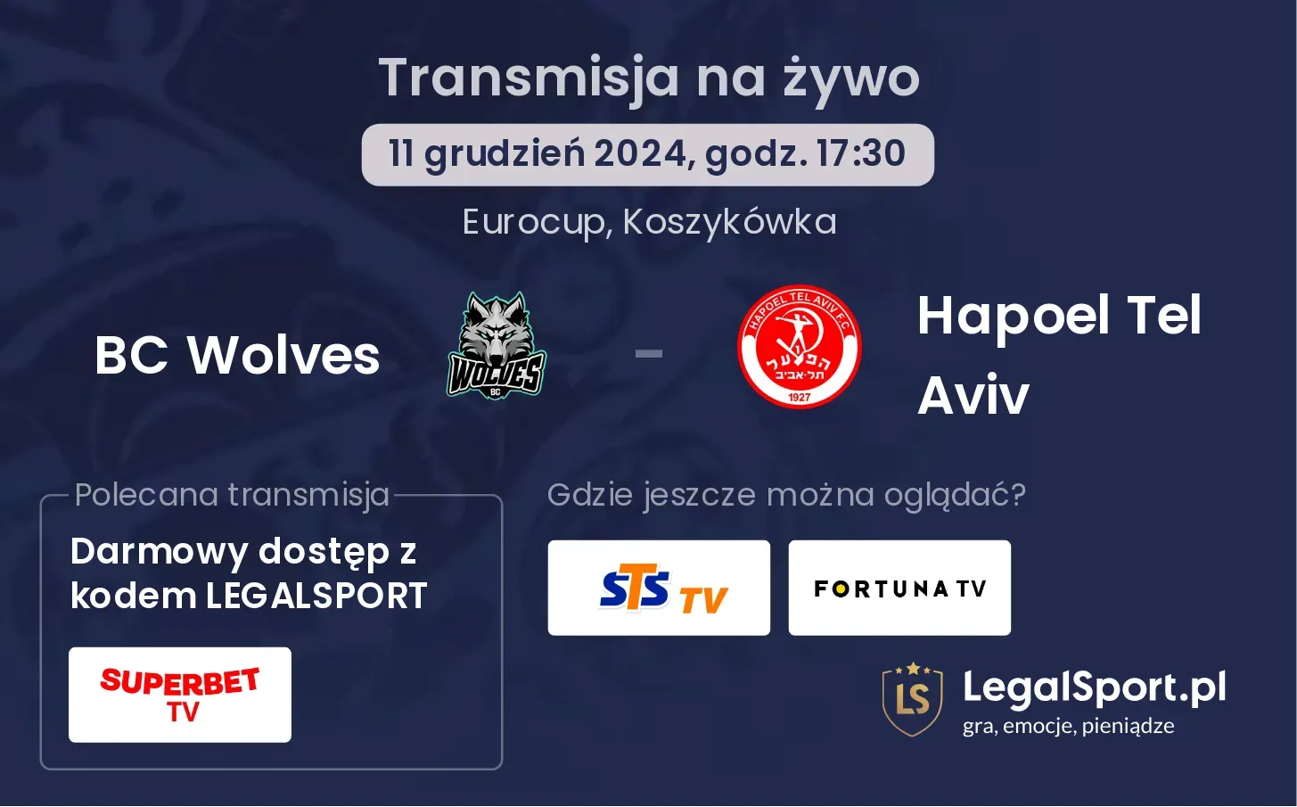 Hapoel Tel Aviv - BC Wolves transmisja na żywo