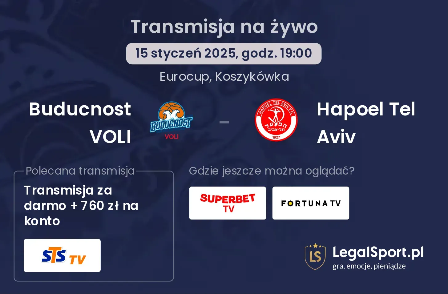 Buducnost VOLI - Hapoel Tel Aviv gdzie oglądać?