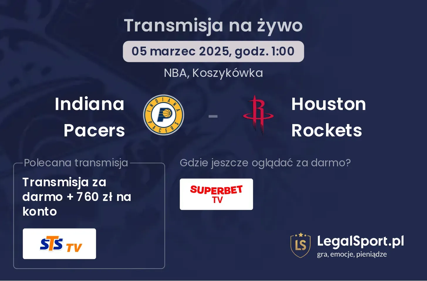 Indiana Pacers - Houston Rockets transmisja na żywo