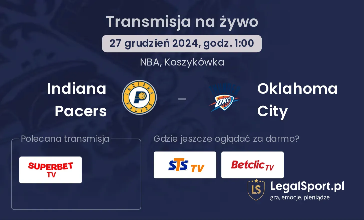 Indiana Pacers - Oklahoma City transmisja na żywo