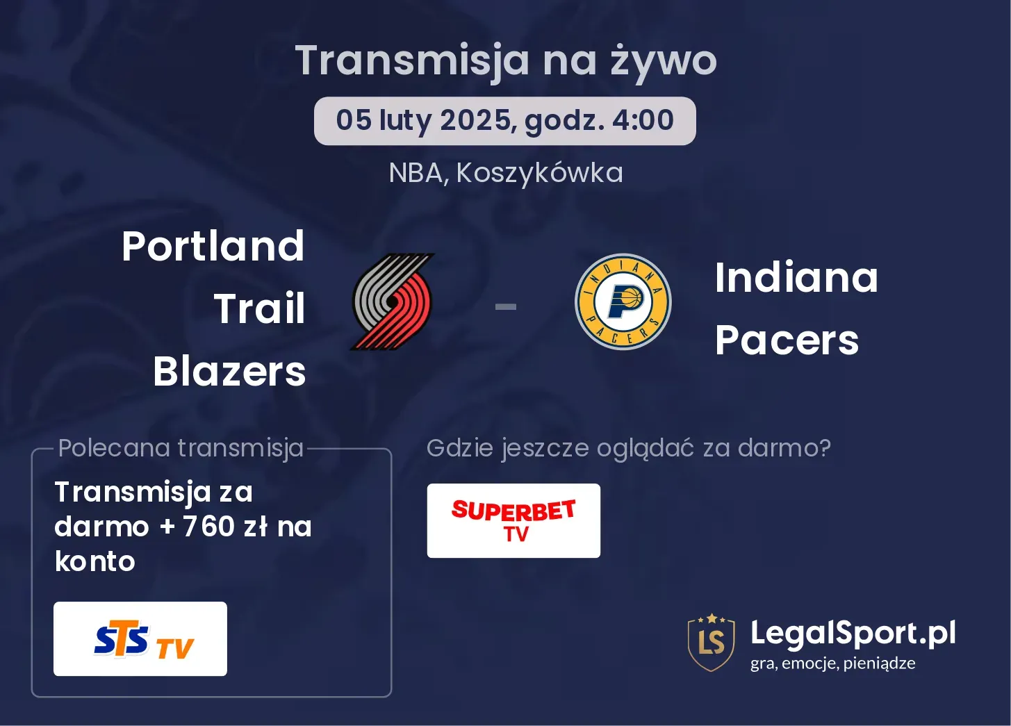 Indiana Pacers - Portland Trail Blazers transmisja na żywo