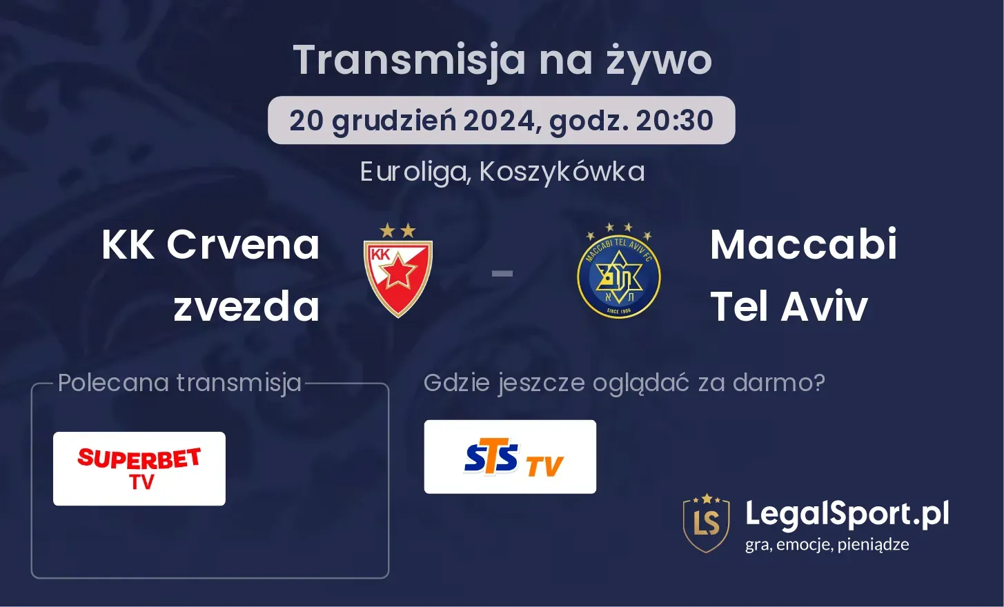 KK Crvena zvezda - Maccabi Tel Aviv transmisja na żywo