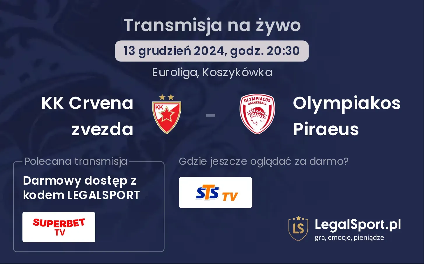 KK Crvena zvezda - Olympiakos Piraeus transmisja na żywo