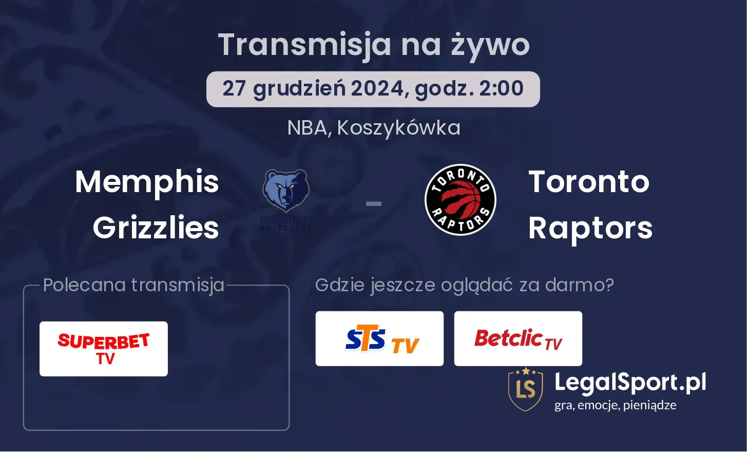 Memphis Grizzlies - Toronto Raptors transmisja na żywo