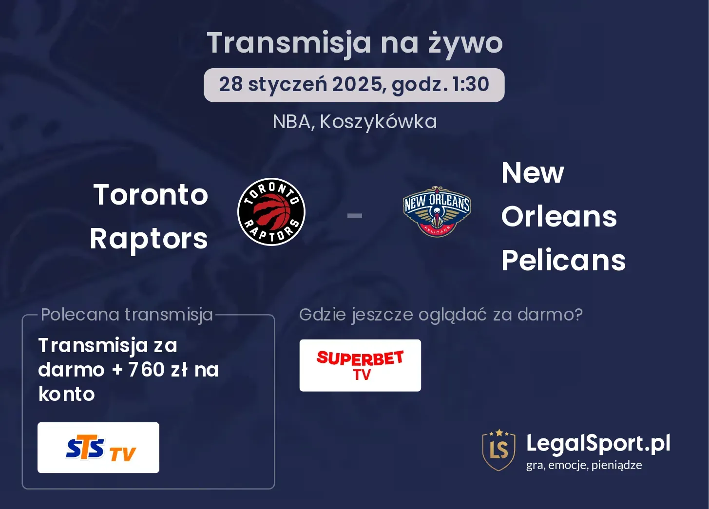 New Orleans Pelicans - Toronto Raptors transmisja na żywo