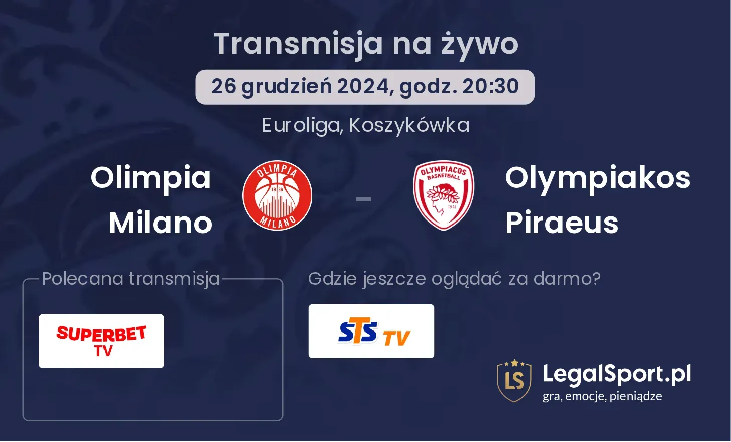 Olympiakos Piraeus - Olimpia Milano transmisja na żywo