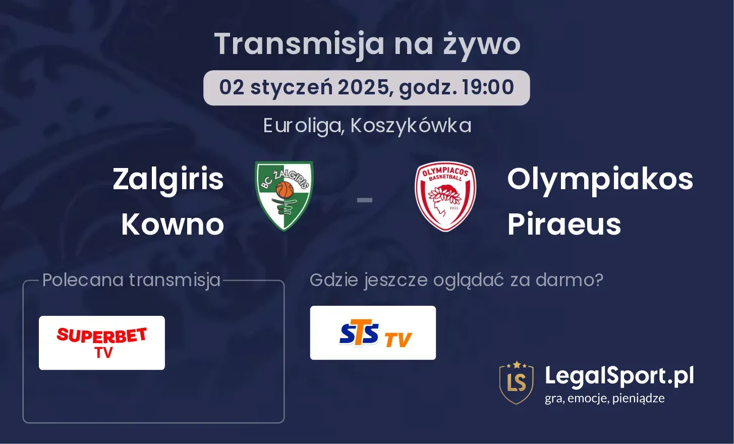 Olympiakos Piraeus - Zalgiris Kowno transmisja na żywo