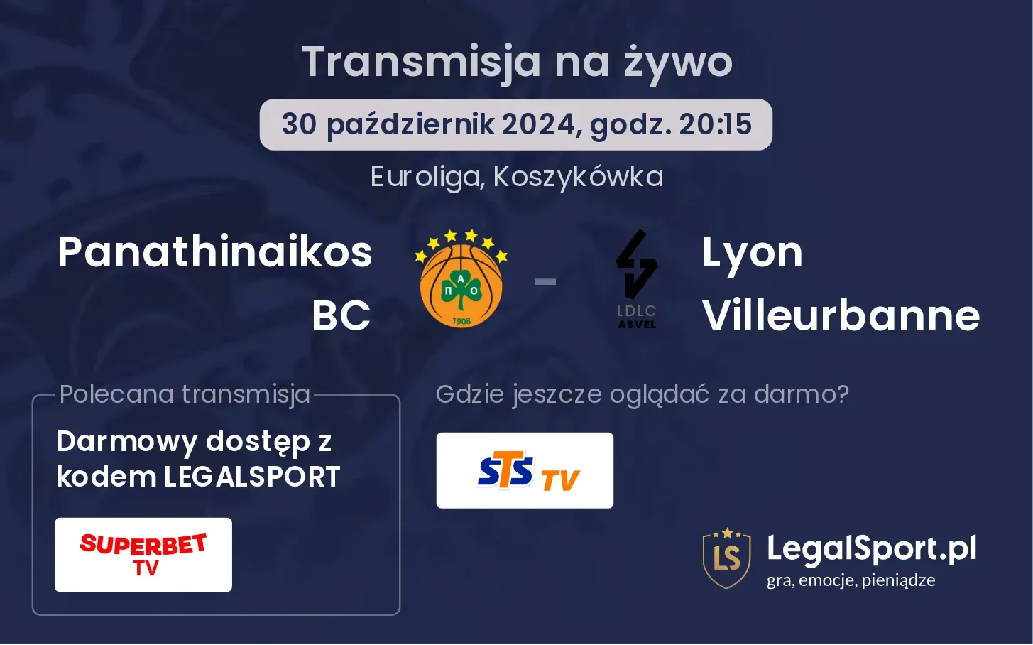 Panathinaikos BC - Lyon Villeurbanne gdzie oglądać? 30.10, godz. 20:15