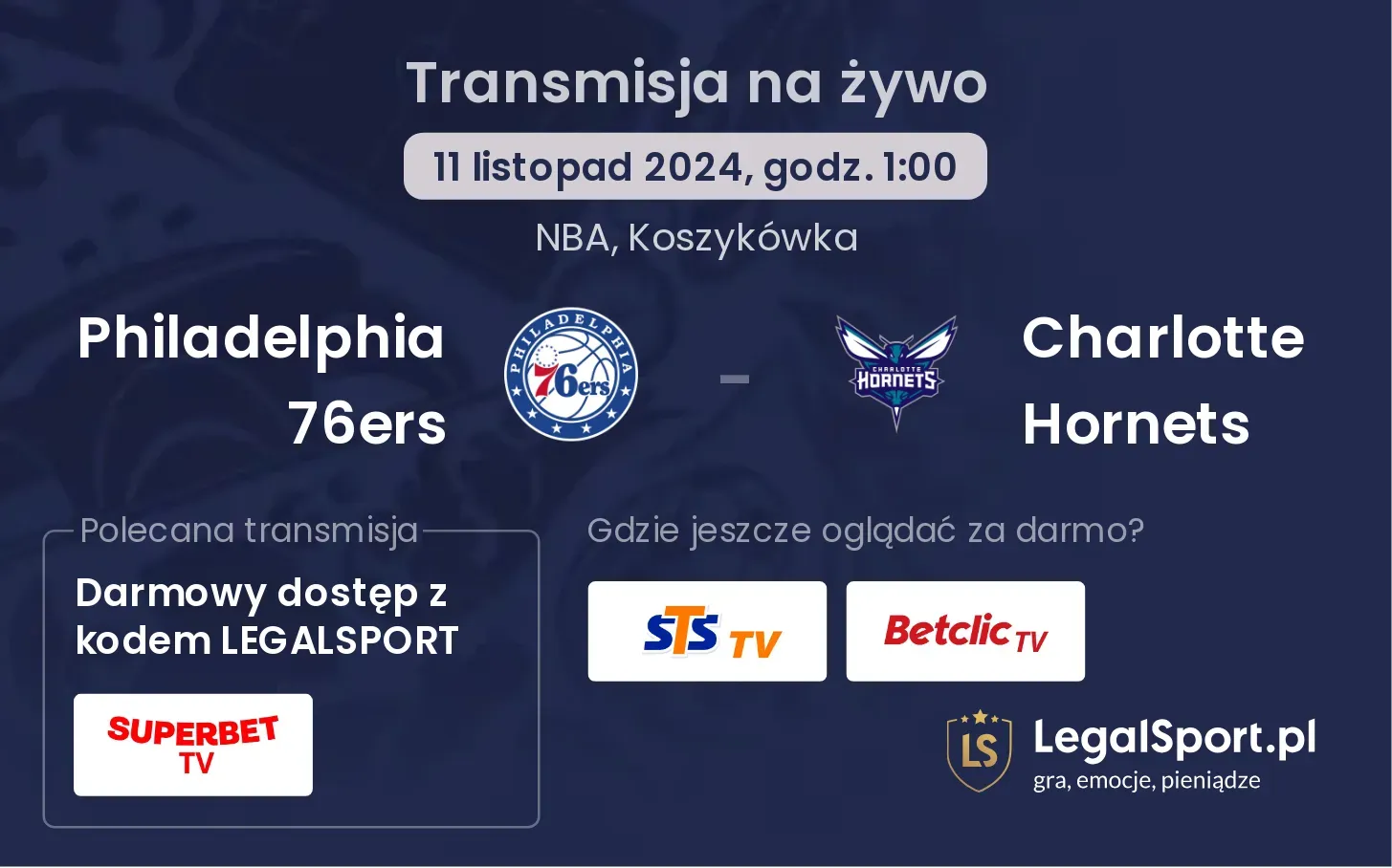 Philadelphia 76ers - Charlotte Hornets transmisja na żywo