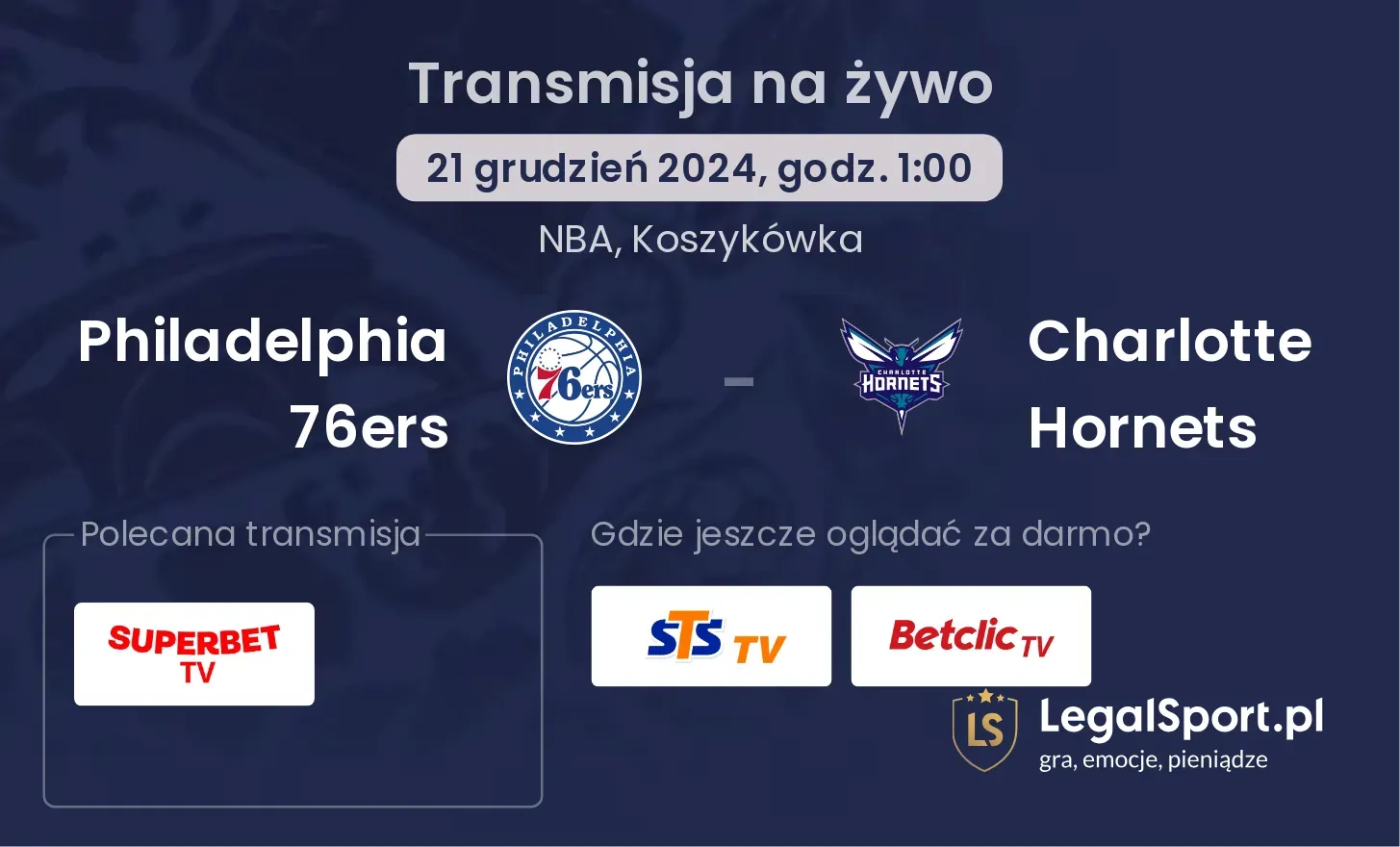 Philadelphia 76ers - Charlotte Hornets gdzie oglądać transmisję?