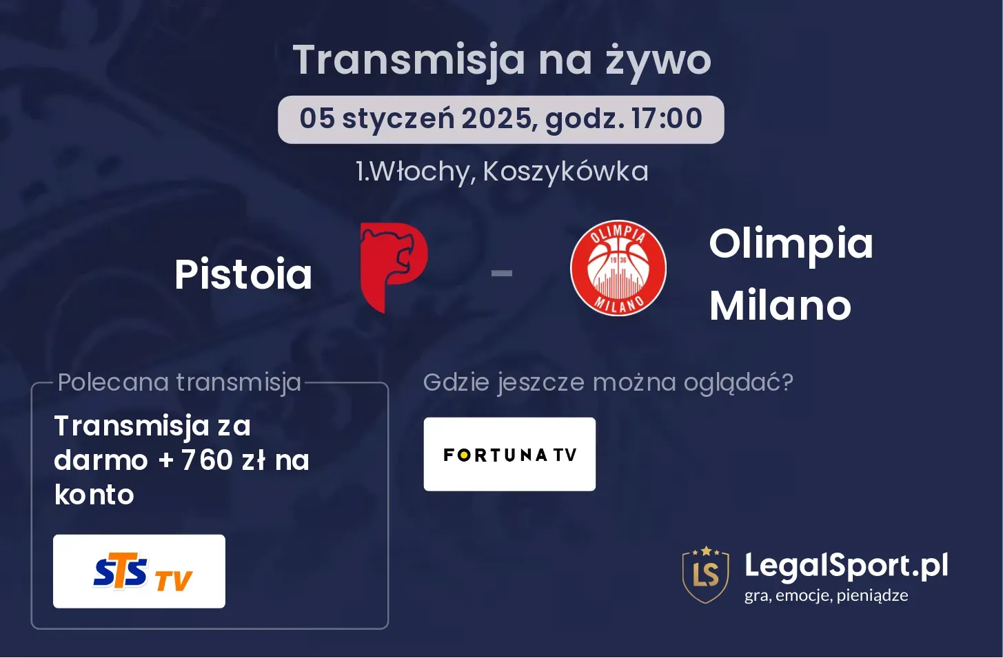 Pistoia - Olimpia Milano transmisja na żywo