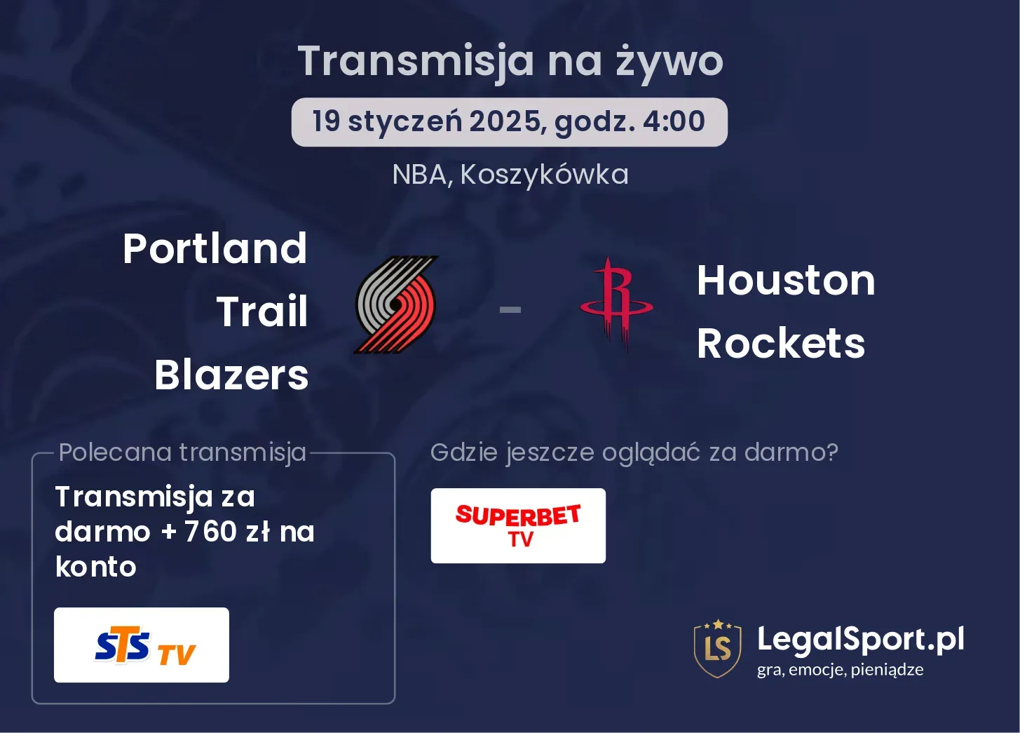 Portland Trail Blazers - Houston Rockets transmisja na żywo