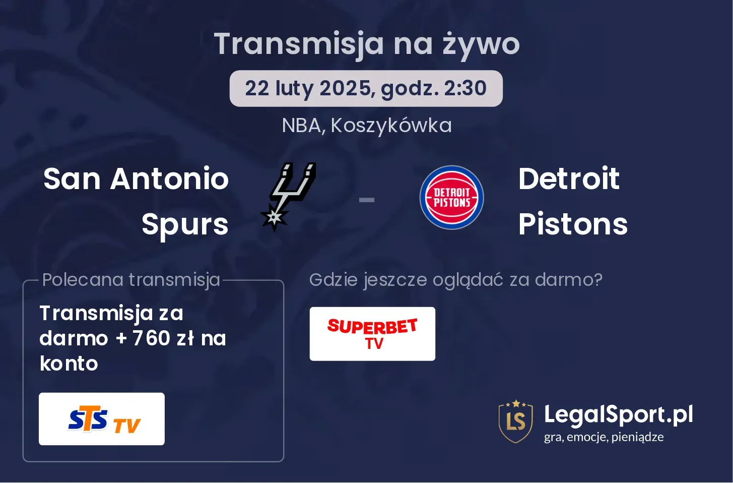 San Antonio Spurs - Detroit Pistons transmisja na żywo