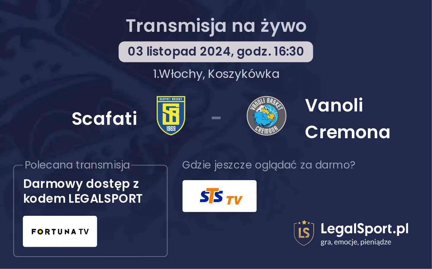 Scafati - Vanoli Cremona gdzie oglądać? 03.11, godz. 16:30