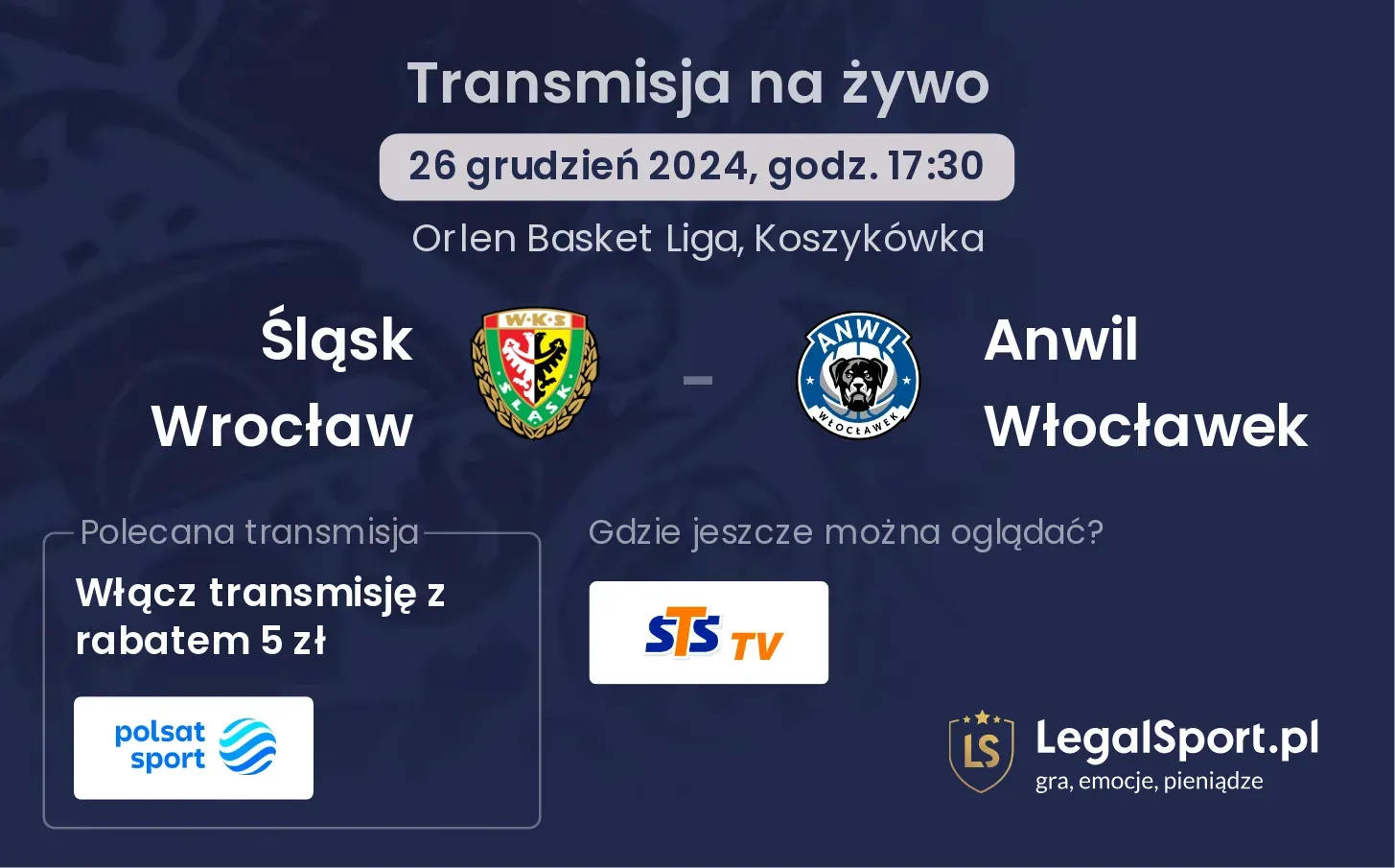 Śląsk Wrocław - Anwil Włocławek transmisja na żywo