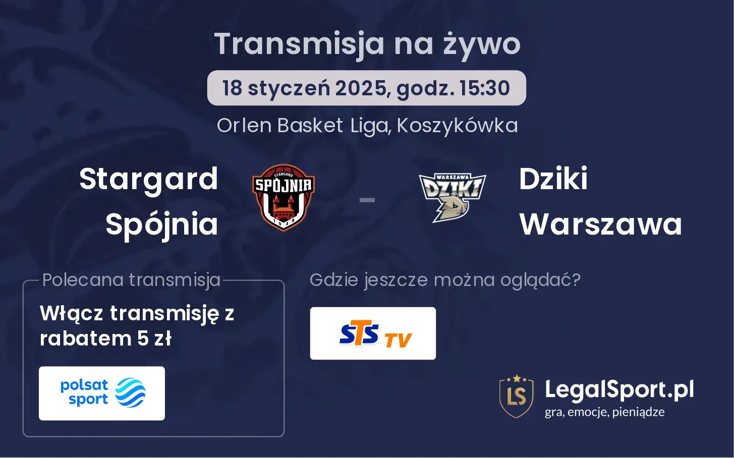 Stargard Spójnia - Dziki Warszawa transmisja na żywo