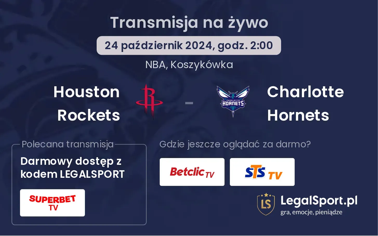 Houston Rockets - Charlotte Hornets transmisja na żywo