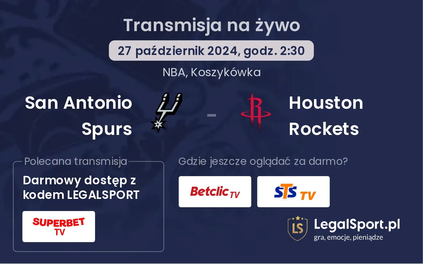 San Antonio Spurs - Houston Rockets transmisja na żywo