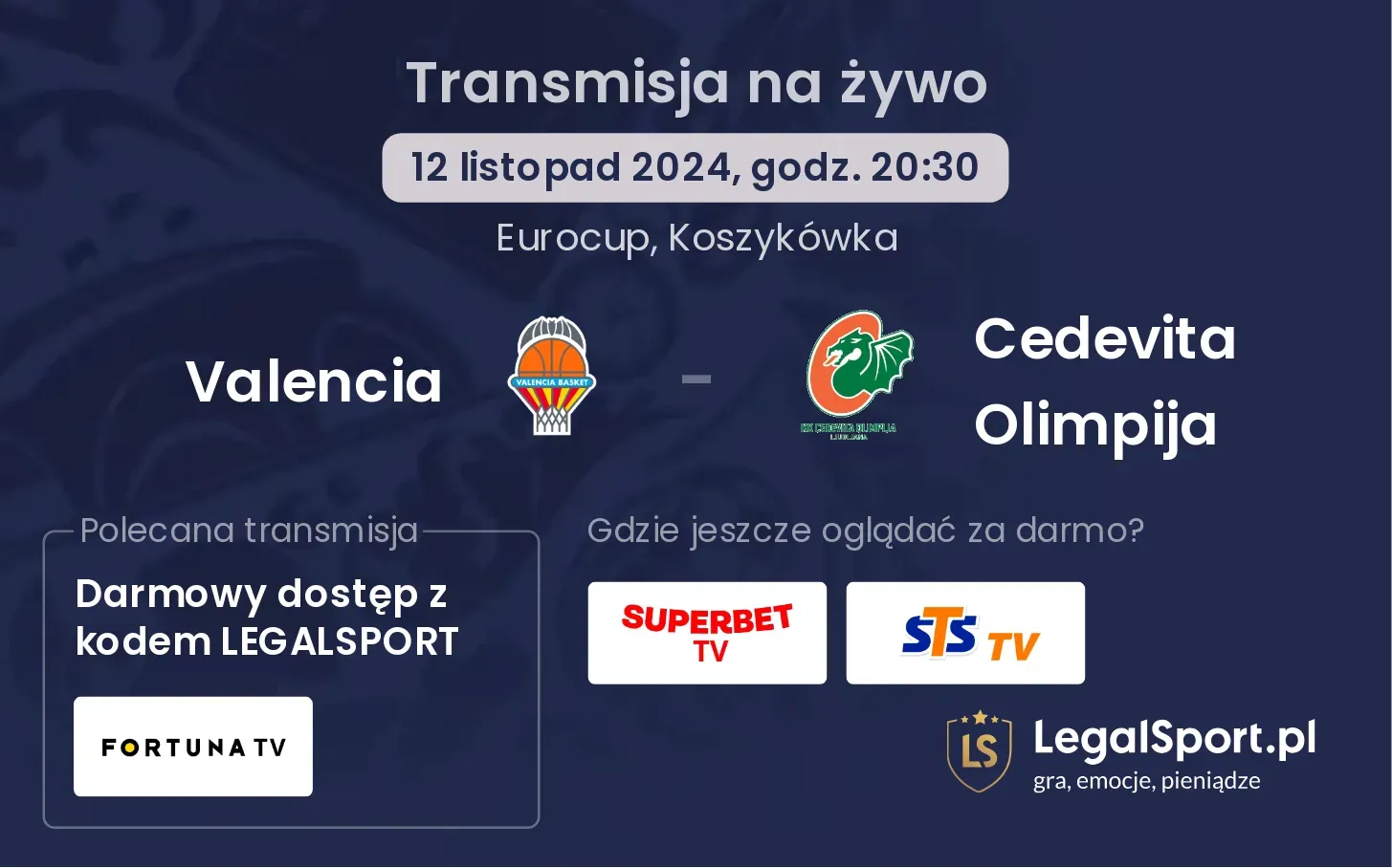 Valencia - Cedevita Olimpija gdzie oglądać? 12.11, godz. 20:30