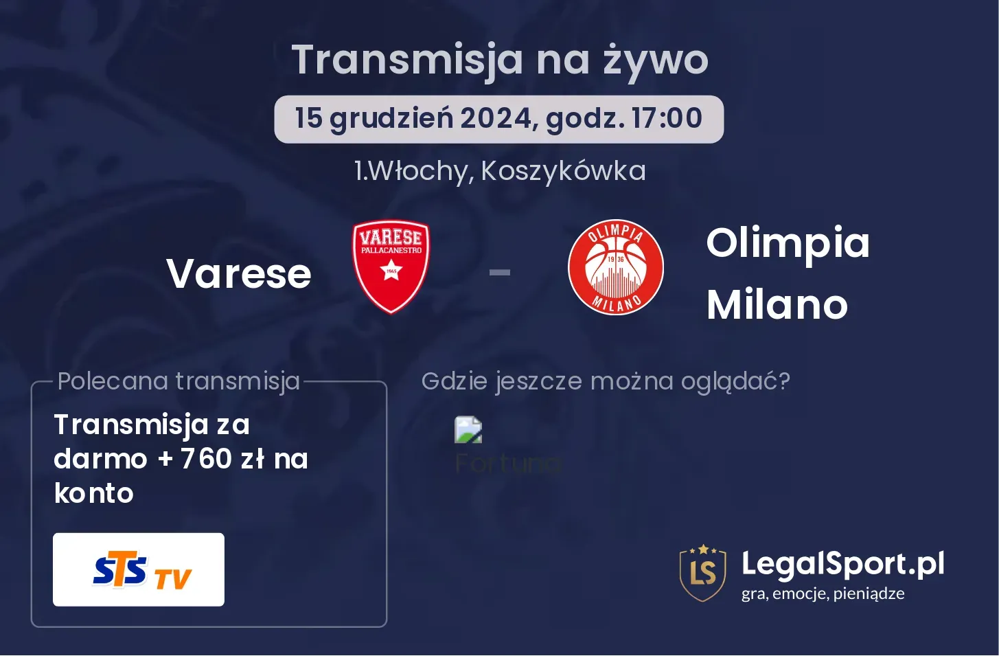 Varese - Olimpia Milano transmisja na żywo