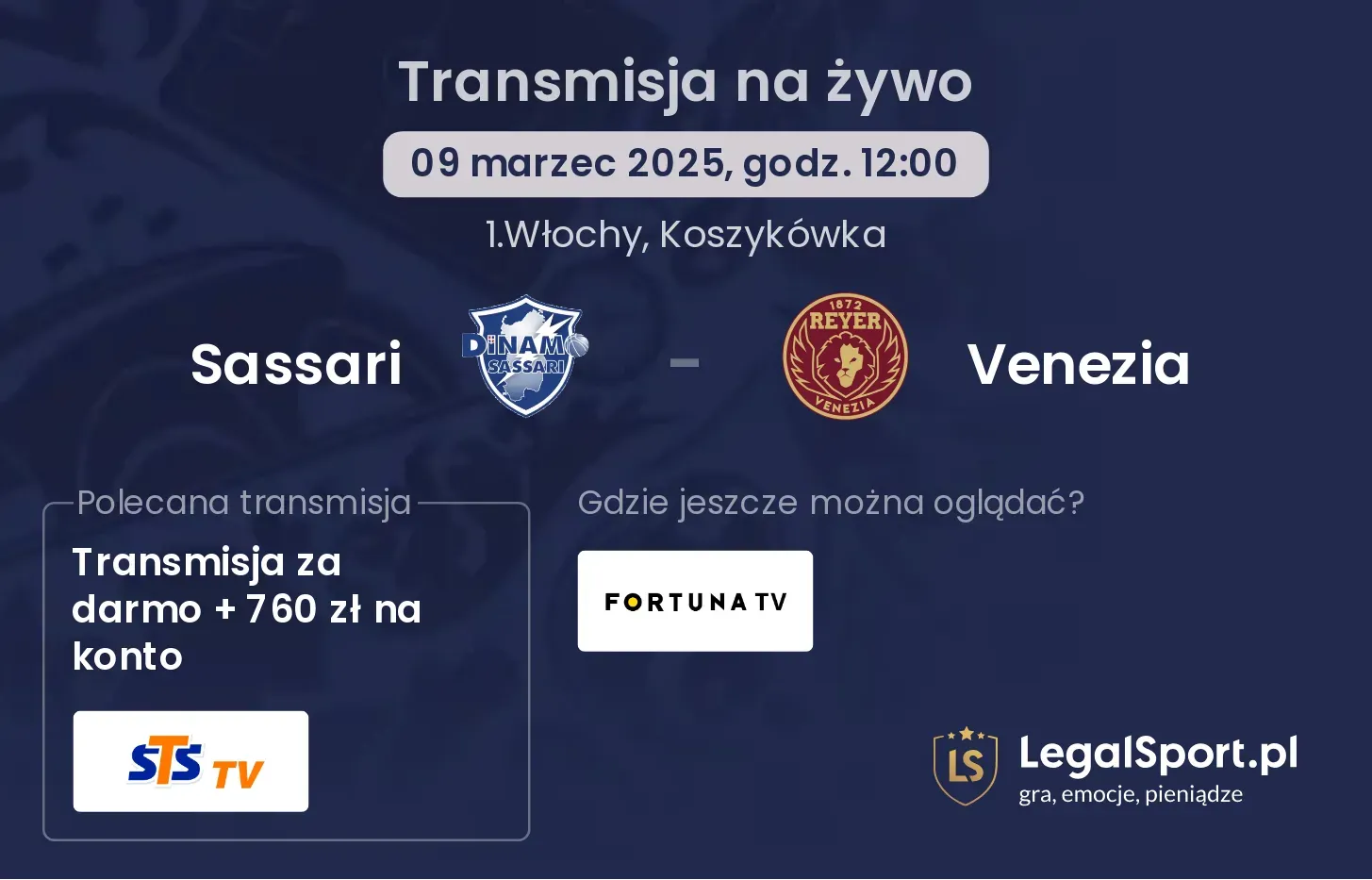 Venezia - Sassari transmisja na żywo